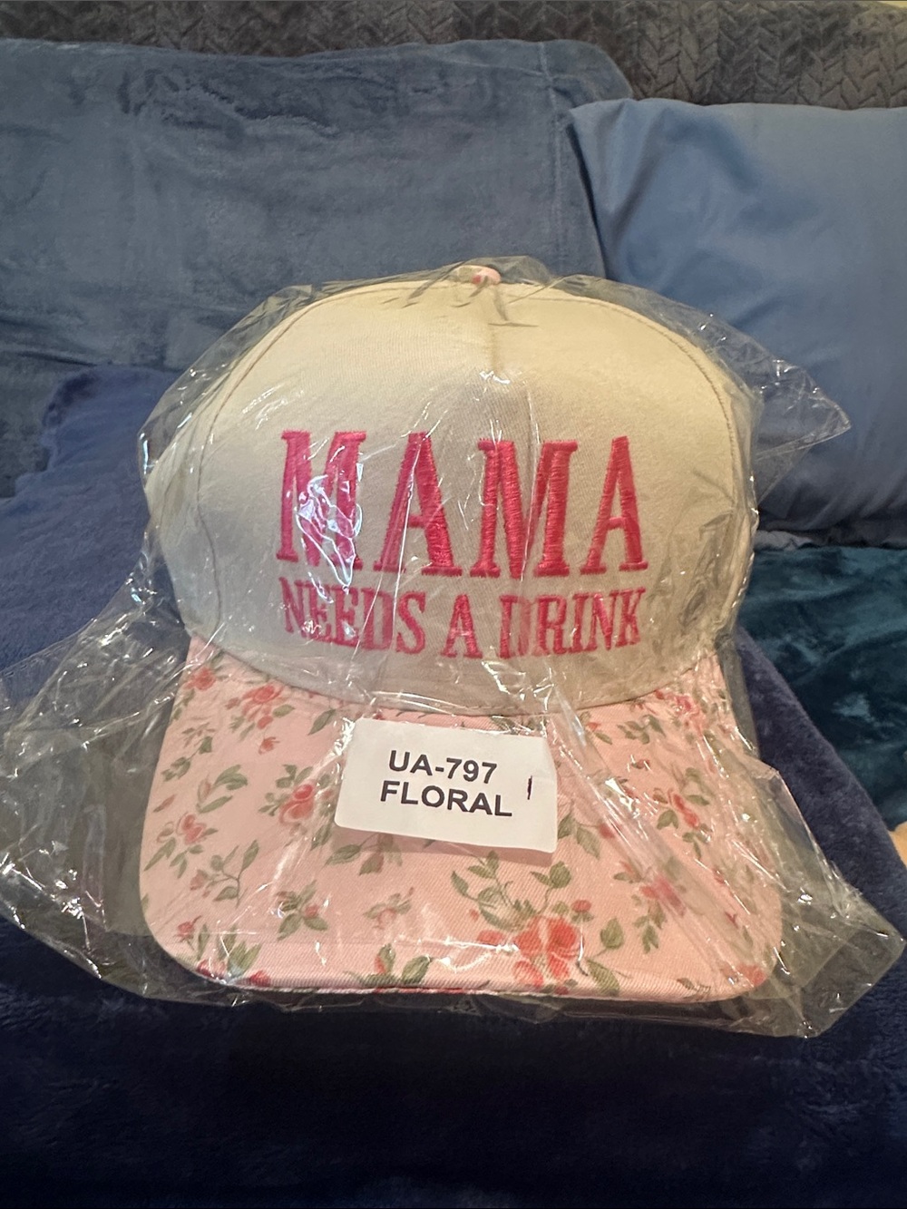 Mama Needs a Drink Floral Baseball Cap - Pink & Cream